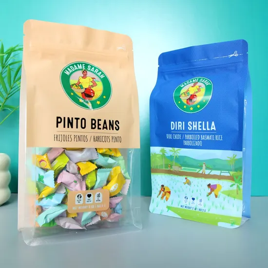 Recyclable Flat Bottom UV Printing Plastic Stand up Pouch Mylar Packaging Zipper/Ziplock Doypack Clear Transparent Pet Food Flour Grains Soybean Coffee Tea Bag 