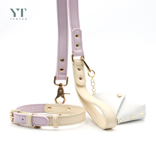 High Quality Custom Premium Leather Pet Dog Leash and Collar Adjustable Classic Vegan PU Leather Dog Collar with Pet Poop Bags 